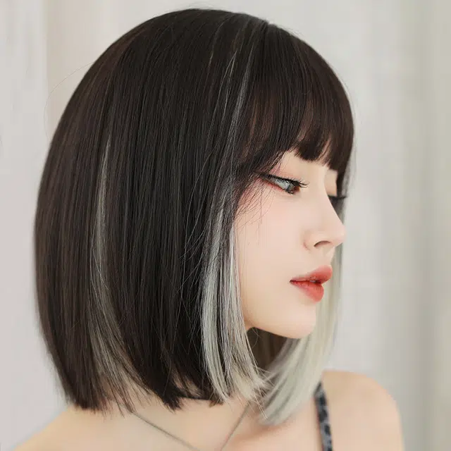 山一丸 网红挂耳染全头套圆脸齐刘海波波头内扣 假发 女款