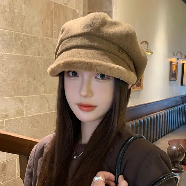 山一丸 秋冬季户外保暖时尚百搭显脸小小檐 毛呢 贝雷帽 女款