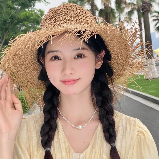 山一丸 度假风手勾编织毛须边草帽甜美 纸草混纺 防晒帽 女款