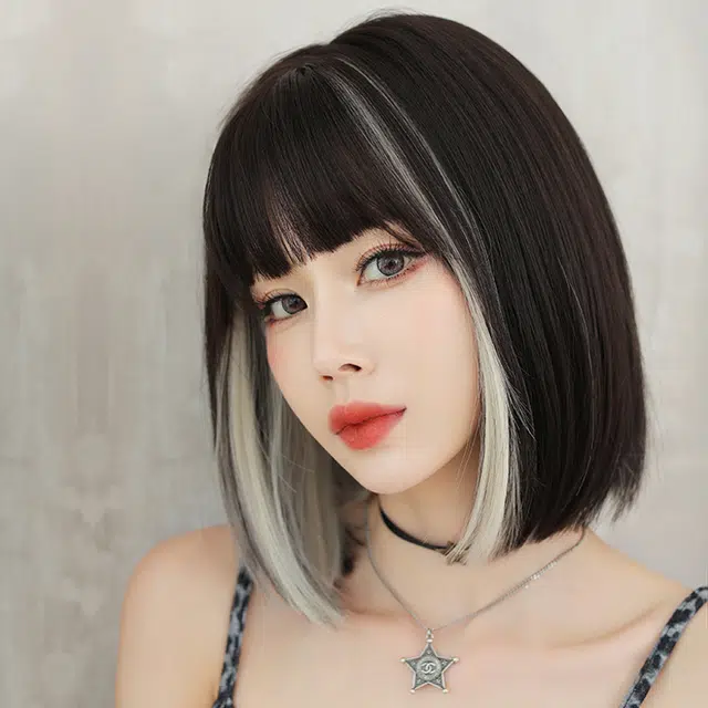 山一丸 网红挂耳染全头套圆脸齐刘海波波头内扣 假发 女款