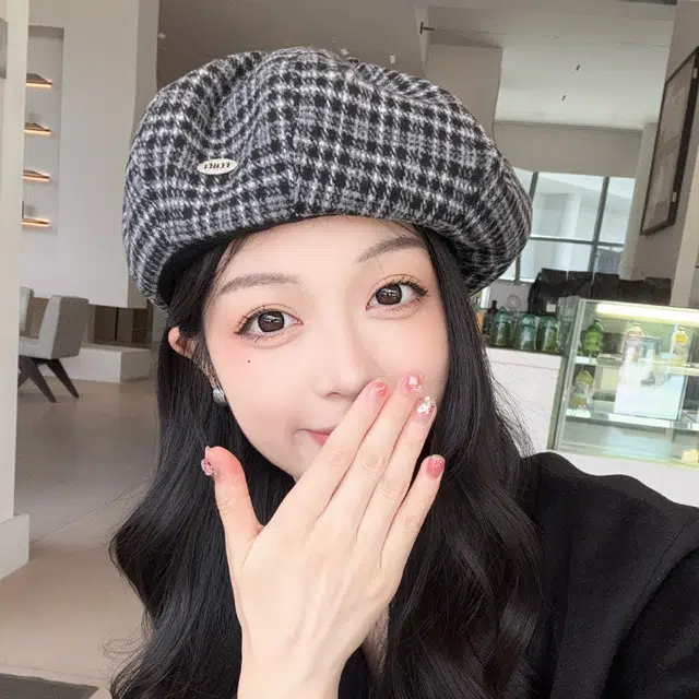 山一丸 复古格纹文艺英伦风大头围 涤纶 贝雷帽 女款