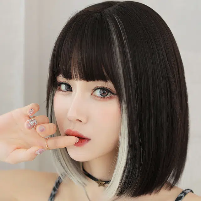 山一丸 网红挂耳染全头套圆脸齐刘海波波头内扣 假发 女款