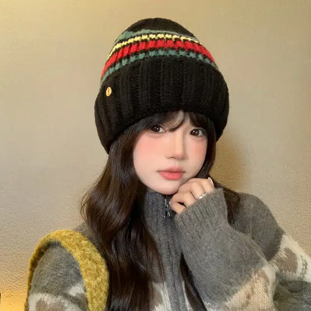 山一丸 针织保暖小众拼色 聚酯纤维 绒线帽 女款
