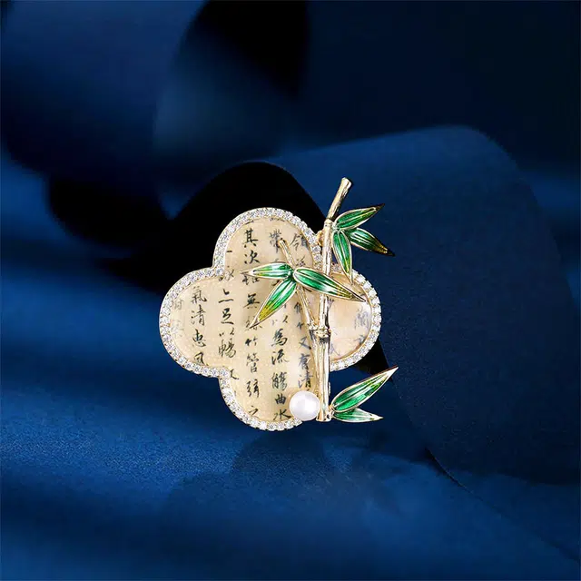 山一丸 古风旗袍扣汉服配饰 竹叶水墨画书法胸花配饰 镶锆淡水珍珠 环保铜 胸针 女款