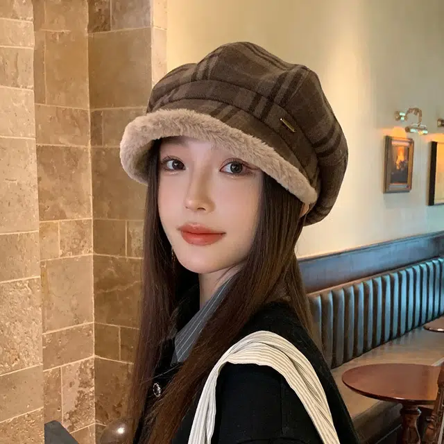 山一丸 复古格子毛绒保暖显脸小 毛呢 贝雷帽 女款