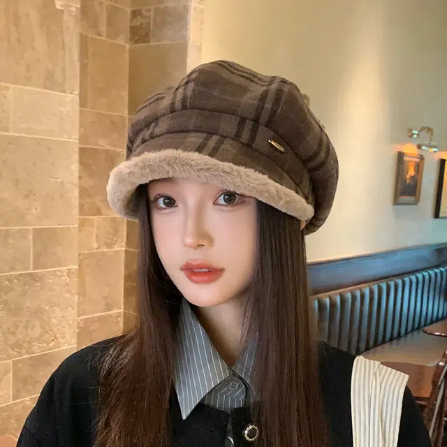山一丸 复古格子毛绒保暖显脸小 毛呢 贝雷帽 女款