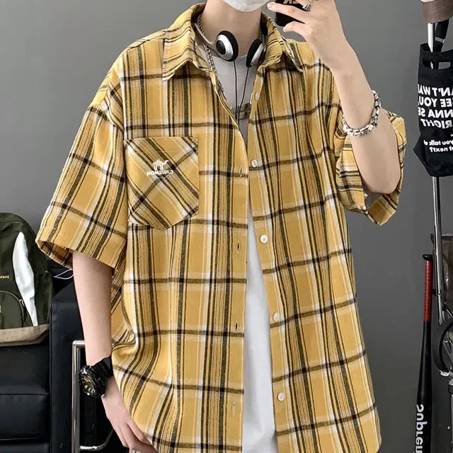 领航骆驼 时尚街头拼接撞色慵懒格子格纹宽松休闲百搭通勤舒适透气落肩纽扣翻领  衬衫 男女同款