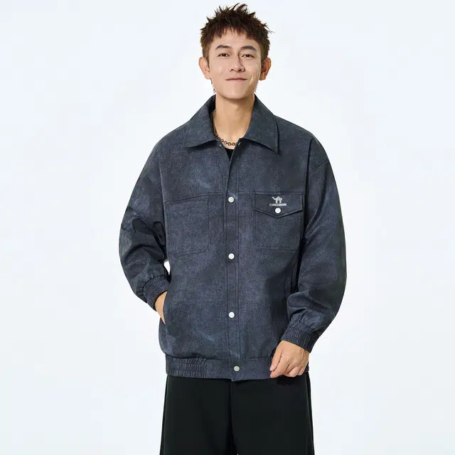 领航骆驼 无性别主义美式复古高街斜纹扎染做旧设计感翻领宽松休闲防风飞行员单排扣   夹克  男女同款