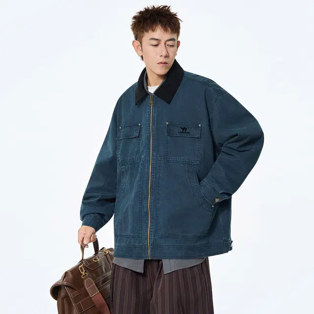 领航骆驼 时尚街头小众个性休闲拼接撞色翻领宽松工装无性别主义少年感潮流舒适亲肤夹克 男女同款