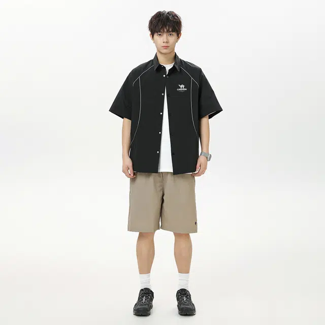 领航骆驼 无性别主义潮牌高街风基础线条解构设计感纯色日常通勤宽松休闲百搭轻薄舒适透气插肩款小众短袖  衬衫 男女同款