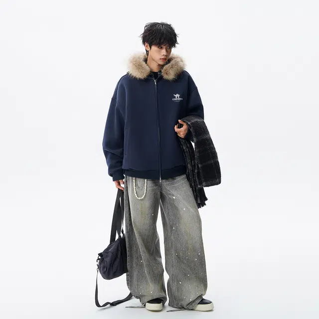 领航骆驼 时尚街头毛领连帽飞行员小众高级感痞帅百搭无性别主义宽松休闲通勤开衫卫 衣 男女同款