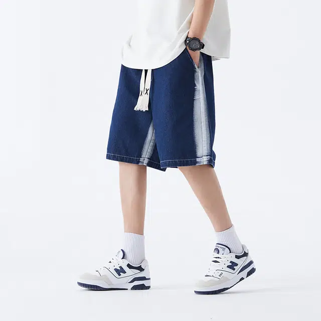 领航骆驼 户外日常通勤高街拼色水洗做旧宽松百搭垂感直筒牛仔短裤 男女同款