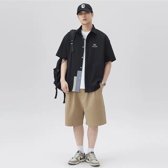 领航骆驼 港风设计色块拼接街头宽松百搭舒适休闲个性潮流透气户外通勤翻领短袖  衬衫 男女同款