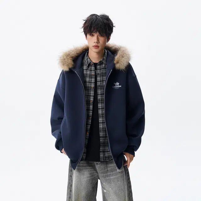 领航骆驼 时尚街头毛领连帽飞行员小众高级感痞帅百搭无性别主义宽松休闲通勤开衫卫 衣 男女同款