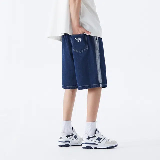 领航骆驼 户外日常通勤高街拼色水洗做旧宽松百搭垂感直筒牛仔短裤 男女同款