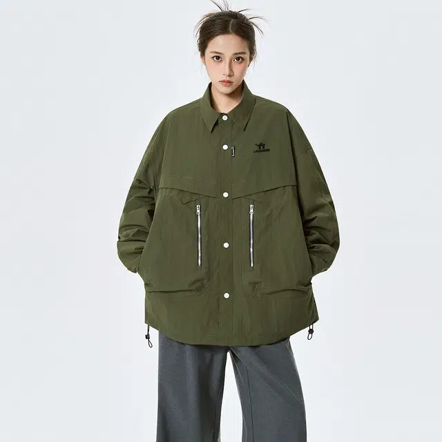 领航骆驼 春秋时尚潮流宽松简约翻领纯色外套上衣百搭拉链口袋痞帅情侣潮牌   夹克  男女同款