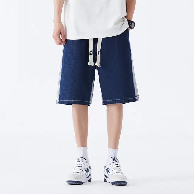 领航骆驼 户外日常通勤高街拼色水洗做旧宽松百搭垂感直筒牛仔短裤 男女同款