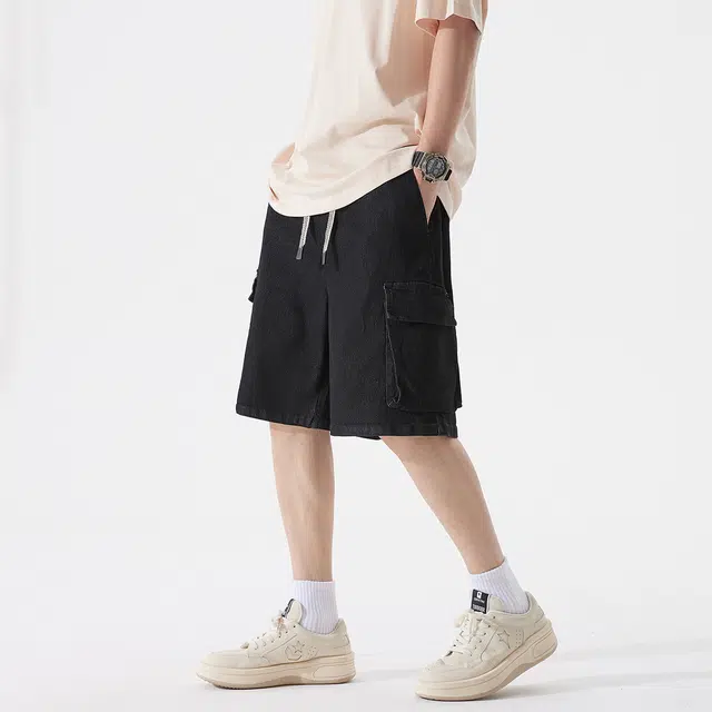 领航骆驼 工装多口袋微弹高街潮流水洗做旧宽松舒适纯色户外通勤百搭休闲牛仔短裤 男女同款