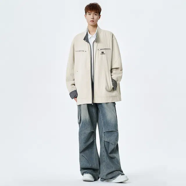 领航骆驼 时尚街头潮牌重工琥珀流光风无性别主义穿搭高级感宽松休闲内里拼接格子翻领飞行员教练外套   夹克  男女同款