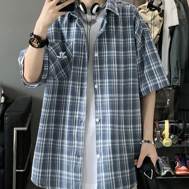 领航骆驼 时尚街头学院风多巴胺格子风宽松休闲翻领短袖百搭衬衫  男女同款