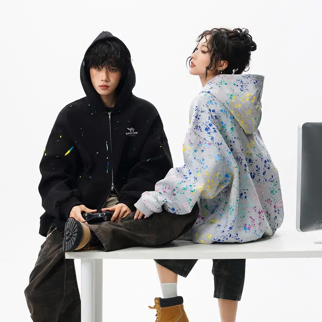 领航骆驼 秋冬季美式复古无性别主义宽松百搭创意泼墨涂鸦休闲时尚潮流连帽开衫长袖  卫衣  男女同款