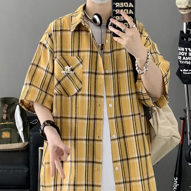 领航骆驼 时尚街头拼接撞色慵懒格子格纹宽松休闲百搭通勤舒适透气落肩纽扣翻领  衬衫 男女同款