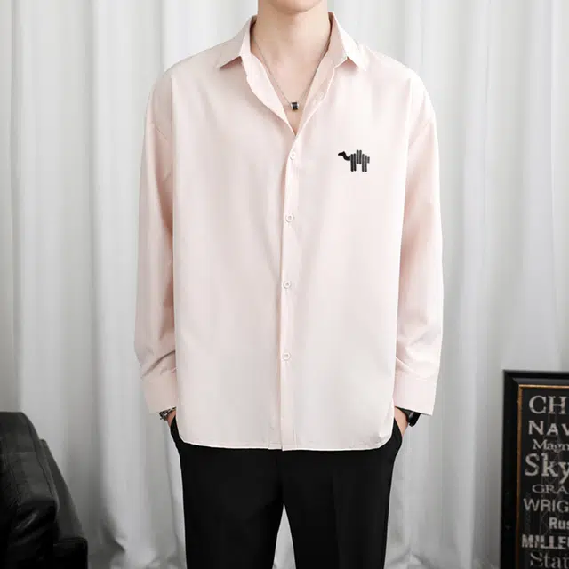 领航骆驼 美式复古高街痞帅简约纯色基础款冰丝凉感潮流柔软垂感休闲百搭薄款宽松落肩翻领长袖   衬衫  男女同款