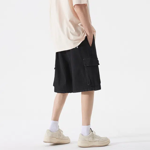 领航骆驼 工装多口袋微弹高街潮流水洗做旧宽松舒适纯色户外通勤百搭休闲牛仔短裤 男女同款