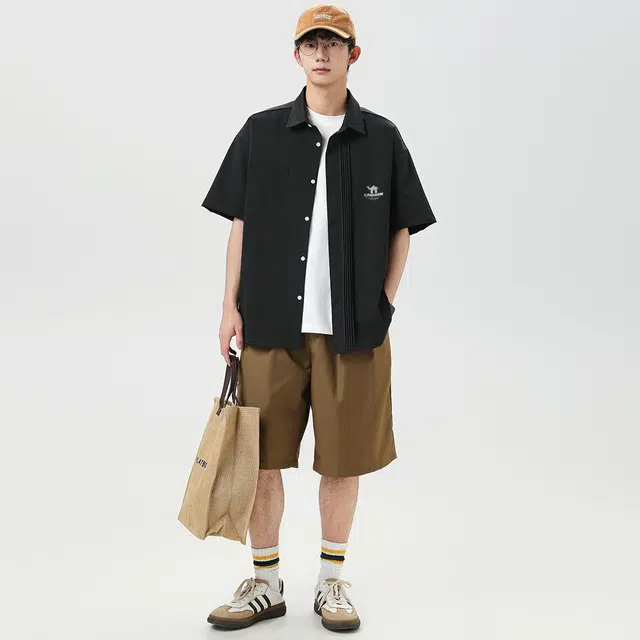 领航骆驼 时尚街头纯色简约印花基础款潮流百搭透气垂感翻领短袖衬衫  男女同款