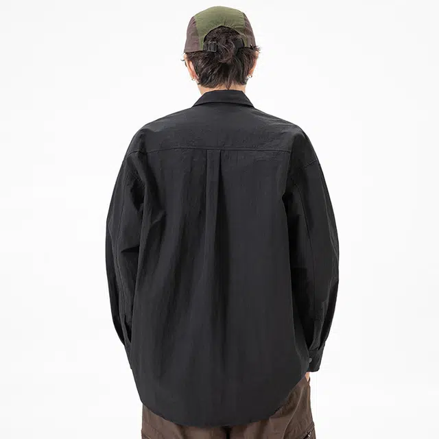 领航骆驼 时尚街头复古纯色字母印花单排扣翻领长袖开衫潮牌日常休闲宽松简约百搭舒适小众设计感上衣无性别主义衬衫 男女同款