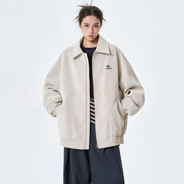 领航骆驼 时尚街头翻领工装拼接外套纯色机车上衣情侣宽松百搭潮牌 夹克  男女同款