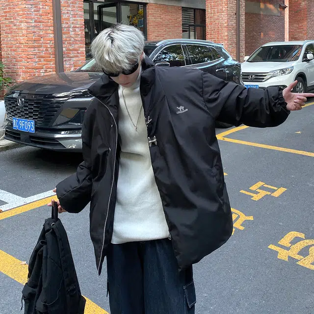 领航骆驼 国潮复古纯色日常通勤学院风时尚百搭高级层次感高领单排扣设计感简约舒适宽松基础款防风保暖外套夹克   棉服 男女同款