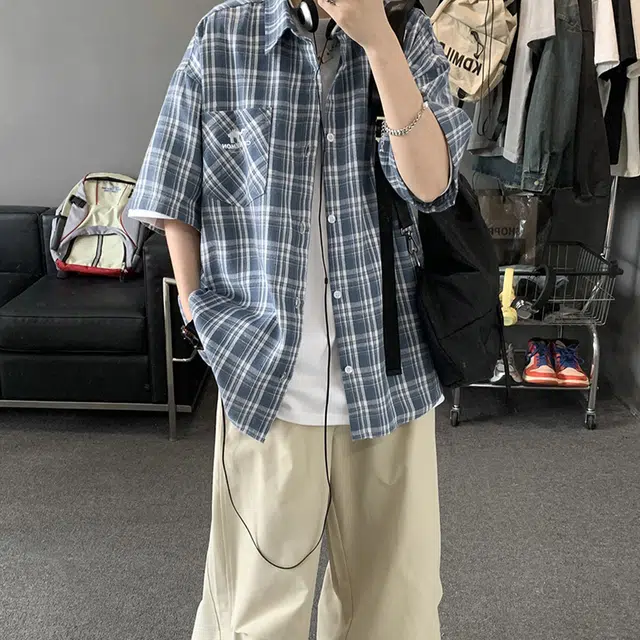 领航骆驼 时尚街头学院风多巴胺格子风宽松休闲翻领短袖百搭衬衫  男女同款