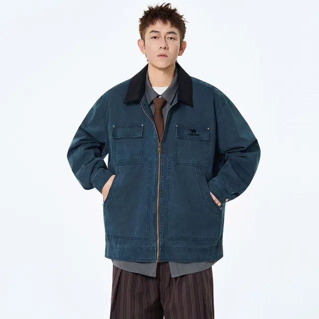 领航骆驼 时尚街头小众个性休闲拼接撞色翻领宽松工装无性别主义少年感潮流舒适亲肤夹克 男女同款