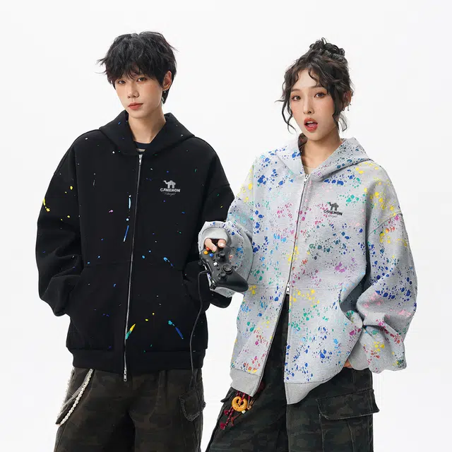 领航骆驼 秋冬季美式复古无性别主义宽松百搭创意泼墨涂鸦休闲时尚潮流连帽开衫长袖  卫衣  男女同款