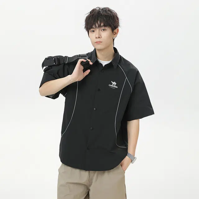 领航骆驼 无性别主义潮牌高街风基础线条解构设计感纯色日常通勤宽松休闲百搭轻薄舒适透气插肩款小众短袖  衬衫 男女同款