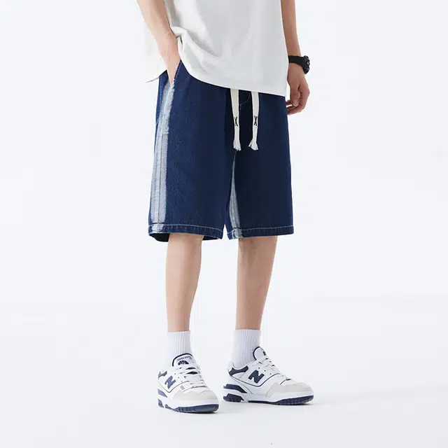 领航骆驼 户外日常通勤高街拼色水洗做旧宽松百搭垂感直筒牛仔短裤 男女同款