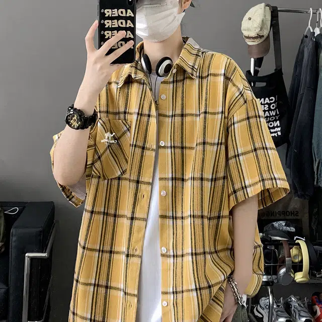 领航骆驼 时尚街头拼接撞色慵懒格子格纹宽松休闲百搭通勤舒适透气落肩纽扣翻领  衬衫 男女同款