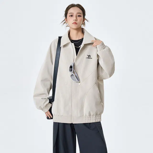 领航骆驼 时尚街头翻领工装拼接外套纯色机车上衣情侣宽松百搭潮牌 夹克  男女同款