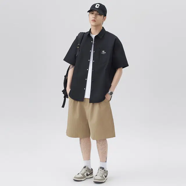 领航骆驼 学院风小口袋拼接设计感翻领休闲宽松纯色百搭日常通勤排汗透气可叠穿夏季薄款工装外套短袖  衬衫  男女同款