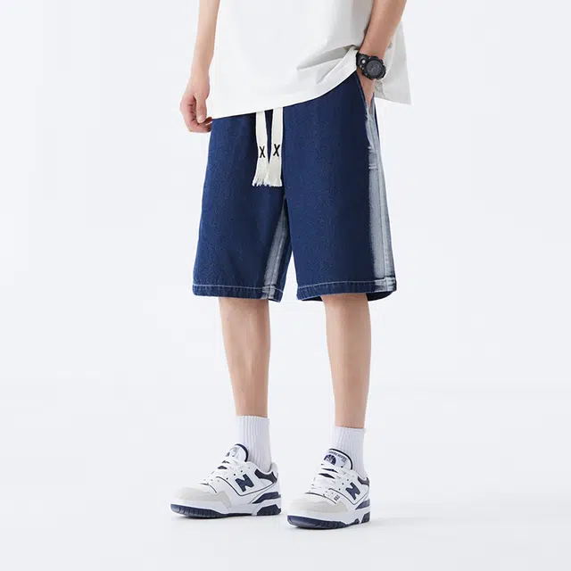领航骆驼 户外日常通勤高街拼色水洗做旧宽松百搭垂感直筒牛仔短裤 男女同款