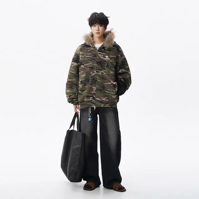 领航骆驼 秋冬季美式复古潮牌迷彩连帽拉链开衫长袖学院底特律风时尚宽松百搭夹克卫衣  男女同款