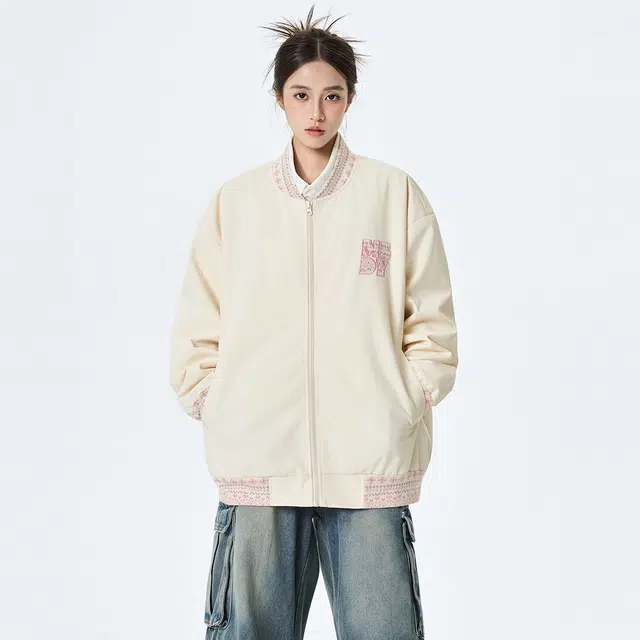 领航骆驼 学院风字母印花棒球领落肩宽松夹克外套 男女同款