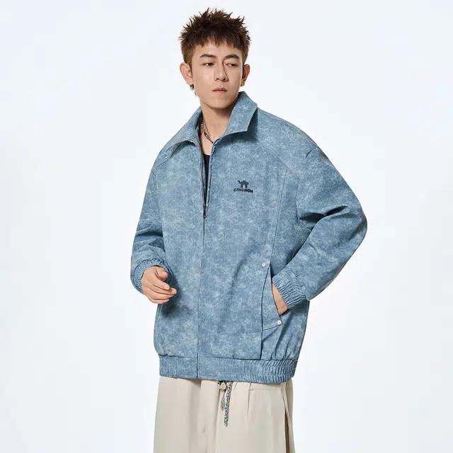 领航骆驼 潮流复古纯色水洗做旧翻领拉链铆钉口袋高级感设计休闲痞帅少年感百搭  夹克 男女同款
