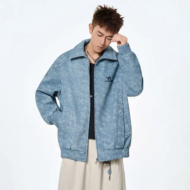 领航骆驼 潮流复古纯色水洗做旧翻领拉链铆钉口袋高级感设计休闲痞帅少年感百搭  夹克 男女同款