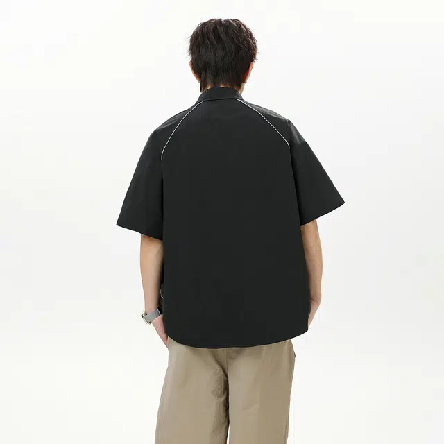 领航骆驼 无性别主义潮牌高街风基础线条解构设计感纯色日常通勤宽松休闲百搭轻薄舒适透气插肩款小众短袖  衬衫 男女同款