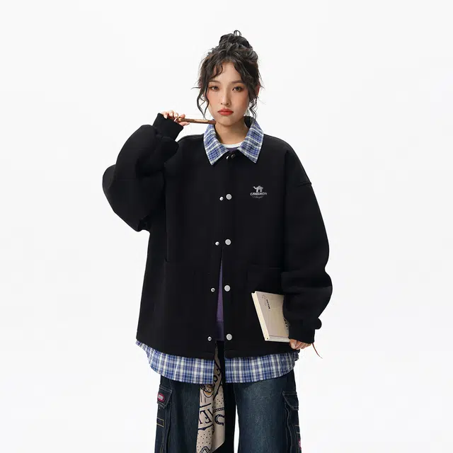 领航骆驼 假两件格子拼接翻领美式舒适卫衣 男女同款