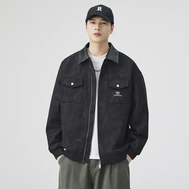 领航骆驼 美式复古废土风春秋外套翻领皮衣扎染工装口袋设计时尚百搭帅气休闲高街   夹克 男女同款