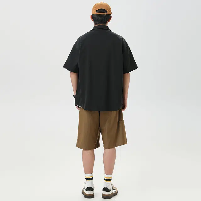 领航骆驼 时尚街头纯色简约印花基础款潮流百搭透气垂感翻领短袖衬衫  男女同款