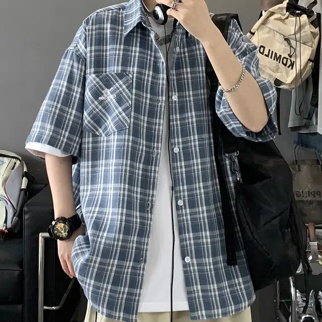 领航骆驼 时尚街头学院风多巴胺格子风宽松休闲翻领短袖百搭衬衫  男女同款